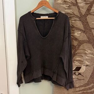 We The Free Washed Charcoal Waffle V-Neck Pullover